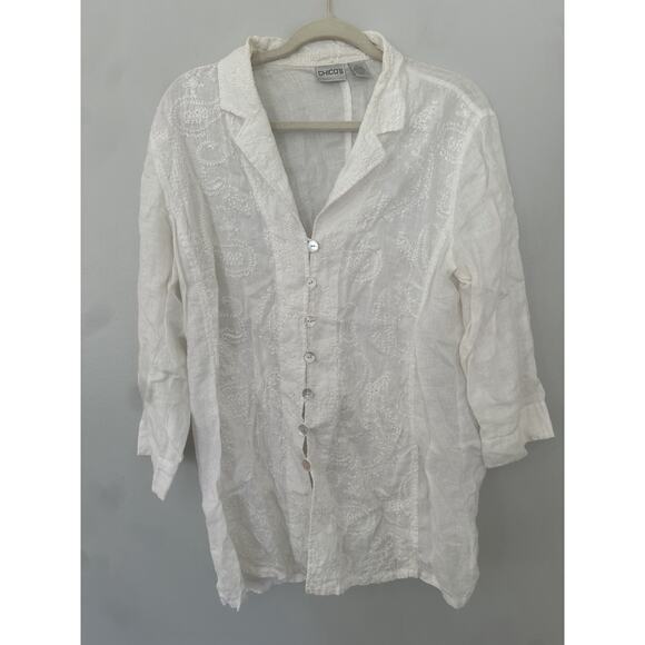 Chico’s White Linen Embroidered Button-Down Blouse Women’s 2 Boho Cottage Top - Picture 1 of 10